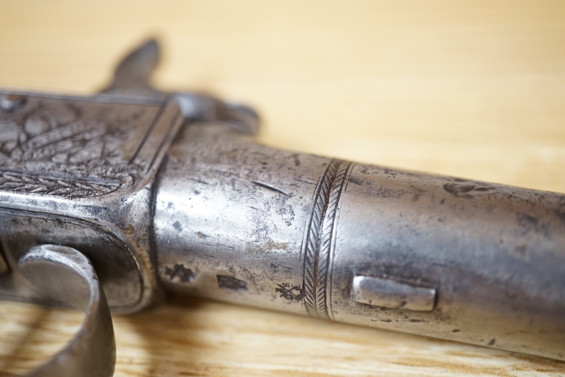 A boxlock percussion pocket pistol with turn off barrel, liege proof, frame engraved; Stevens, Holborn, London